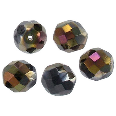 Billes de verre tchèques polies au feu, jet aurum half coating, 12mm. Vendu en paquet de 100. (SKU# GBFP12MM/22601)