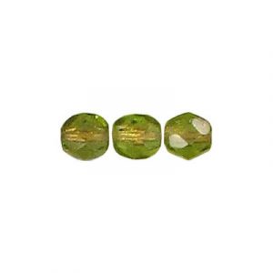 Fire polished Czech beads, transparent olivine copper line, 6mm. (SKU# GBFP6MM/68230). Sold per pack of 300