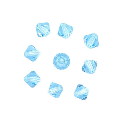 Preciosa machine cut glass beads, 4x4mm, bicone, aquamarine. (SKU# GBMC4X4/203). Sold per pack of 144