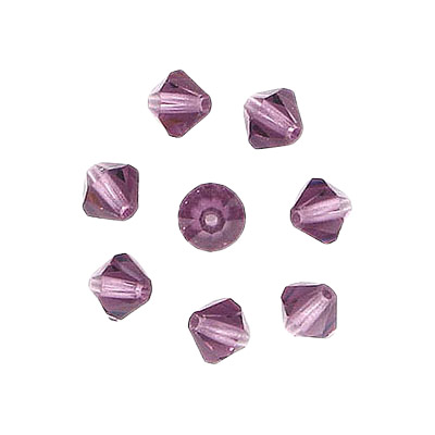 Preciosa machine cut glass beads, 5x5mm, bicone, amethyst. (SKU# GBMC5X5/202). Sold per pack of 144
