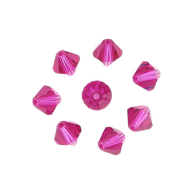 Billes de verre Preciosa coupées à la machine, 5x5mm, bicône, fuchsia. Vendu en paquet de 144. (SKU# GBMC5X5/208)