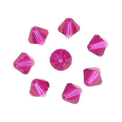 Billes de verre Preciosa coupées à la machine, 6x6mm, bicône, fuchsia. Vendu en paquet de 72. (SKU# GBMC6X6/208)