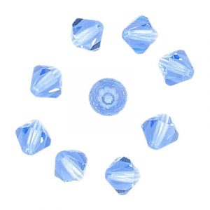 Preciosa machine cut glass beads, 6x6mm, bicone, light sapphire. (SKU# GBMC6X6/217). Sold per pack of 144