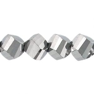 LIQUIDATION! Billes de verre coupées à la machine, à facettes, torsadées (helix), cordon de 7 pouces, 19 pièces, 10mm, silver. Vendu en paquet de 1 corde(s). (SKU# GBMCH10FT/SI)