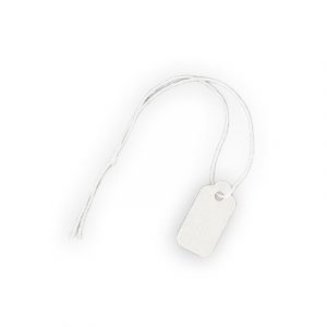Etiquettes blanches, 8x20mm, avec corde 75mm de longueur. Vendu en paquet de 100. (SKU# JTAG61)
