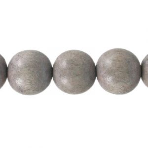 Bille de bois, 12mm, rond, taupe, diamètre intérieur apx. 2.50mm, 33 billes par corde, cordes de 16 pouces. Vendu en paquet de 12. (SKU# WBP12MM/TAUPE)