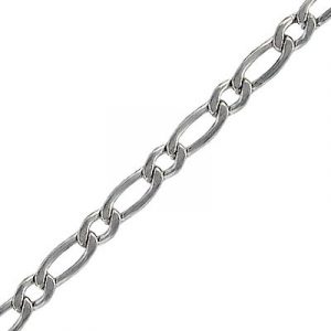 Chain, stainless steel, curb link, 1.4mm wire, 4.7x7.6mm and 4.8x11.56mm links, 5 meters. Grade 304. (SKU# CC/374L/SS). Sold per pack of 1 spool(s).