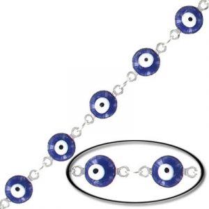 Link chain, with evil eye, rhodium imitation, brass core. (SKU# CC/9344E/WH). Minimum order is 1 meter.