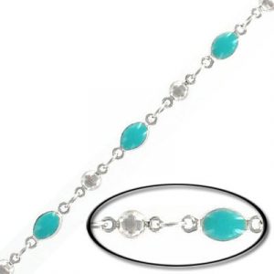 Link chain, with 4x6mm turquoise bead, rhodium imitation, brass core. (SKU# CC/9351T/WH). Minimum order is 1 meter.