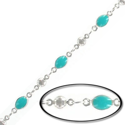 Link chain, with 4x6mm turquoise bead, rhodium imitation, brass core. (SKU# CC/9351T/WH). Minimum order is 1 meter.