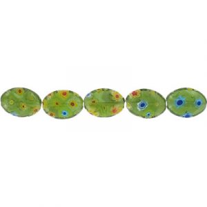 LIQUIDATION! Glass bead, 10x14mm, oval, millefiori green, 8 inch strand. (SKU# GB10X14/MFGRN). Sold per pack of 4