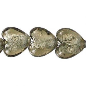 LIQUIDATION! Glass bead silver foil, heart, 15x15x9mm, 8 inch strand gray, grey. (SKU# GB15H/SFGRY). Sold per pack of 1 strand(s).