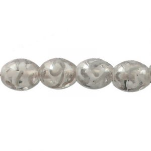 LIQUIDATION! Glass bead India, oval with pattern, 10x13mm, clear, 8 inch strand. (SKU# GBI10X13/GP1). Sold per pack of 1 strand(s).