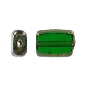 LIQUIDATION! Glass bead India, flat rectangle, green with foil. (SKU# GBI3518/R84). Sold per pack of 100 grams.