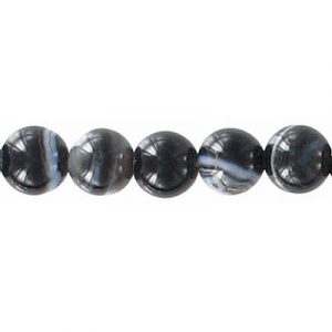Billes semi-précieuses rondes, 8mm, agate noire avec des lines blanches, corde de 16 pouces. Vendu en paquet de 1 corde(s). (SKU# SPBD8MM/BKAG)