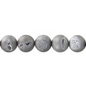 Billes semi-précieuses rondes, 8mm, quartz métallique druze gris, corde de 16 pouces. Vendu en paquet de 1 corde(s). (SKU# SPBD8MM/MGDQ)