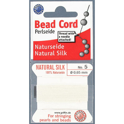 Griffin silk bead cord, #5 (0.65mm), white, 2 metres per pack. (SKU# TT5G/WHT). Sold per pack of 5