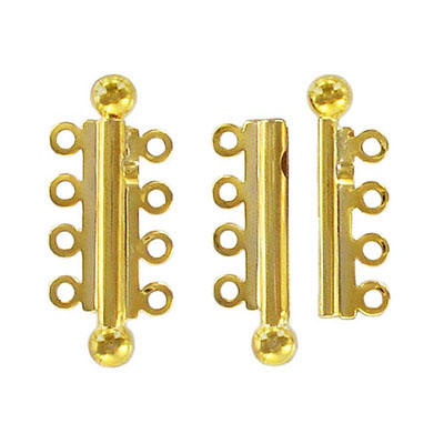 Slide lock tube clasp, 4-row, 32x13mm, gold plate, nickel free. (SKU# CL41/4R/GL). Sold per pack of 12