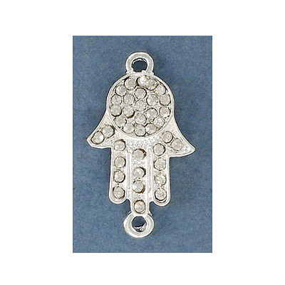 Rhinestone connector, Hamsa hand, 31x18mm, crystal, silver plate. (SKU# CN0513H/101S). Sold per pack of 12