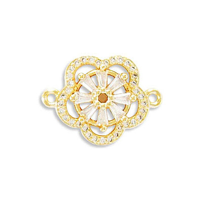 Connector, 23mm, flower, brass core, cubic zirconia pave, gold plate, approx. hole size 1.40mm. (SKU# CN1901/101G). Sold per pack of 3