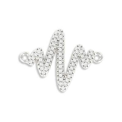 Connector, 20mm, heart line , brass core, cubic zirconia pave, rhodium imitation, approx. hole sizes 1.30mm. (SKU# CN1902/101WH). Sold per pack of 3