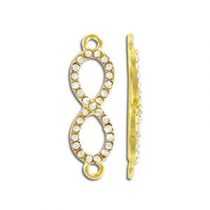 Connecteur en forme infini, 33mm, cristal, plaqué couleur or. Vendu en paquet de 12. (SKU# CN33INF/101G)