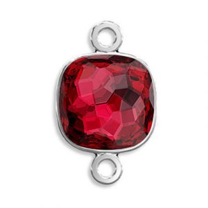 Connector, Crystal Swarovski 4483 Fantasy Cushion Fancy Stone, 14mm, scarlet color, rhodium plate. (SKU# CN4483/14/186R). Sold individually.
