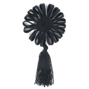 Flower pin, 85mm, black with white and black tassel (SKU# FP1191/BLK). Sold individually.