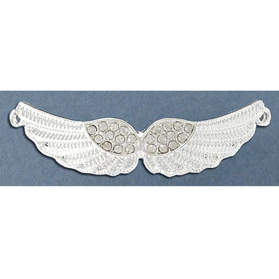 Pendentif en métal (connecteur) avec pierre du rhin, ailes, 55x13mm, cristal, plaqué couleur argent. Vendu en paquet de 12. (SKU# MP0513W/101S)