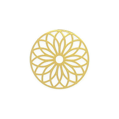 Pendentifs en metal, 24mm, rond, filigrane coupé au laser, base de laiton, couleur or electro. Vendu en paquet de 10. (SKU# MP1018/GL)