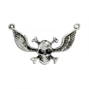 Metal pendant, 54x31mm, skull and cross bones with wings, antique silver. (SKU# MP1311/OXWH). Sold per pack of 12
