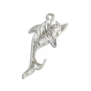 Metal pendant, 22x43mm, dolphin, rhodium imitation. (SKU# MP154/WH). Sold per pack of 12