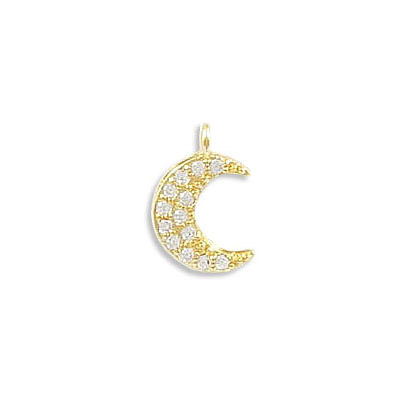 Metal pendants, 8.5mm, moon with crystal pave, brass core, gold plate. (SKU# MP1812/101G). Sold per pack of 6