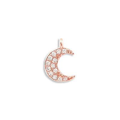 Metal pendants, 8.5mm, moon, brass core, crystal pave, rose gold plate. (SKU# MP1812/101RG). Sold per pack of 6