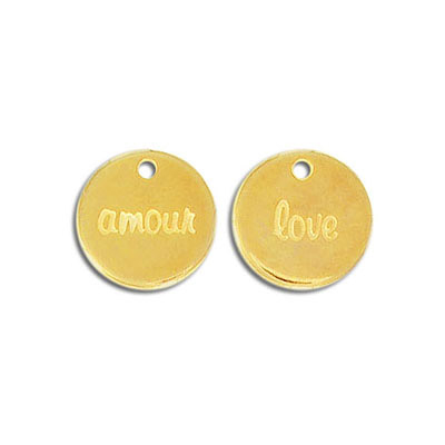 Pendentif en métal, 15mm, breloque love/amour, zamak (alliage de zinc) plaqué couleur or. Vendu en paquet de 12. (SKU# MP303/GL)