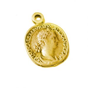 Metal pendants, 15mm, Roman coin, Severus Alexander Roman Emperor, gold plate. (SKU# MP3652/GL). Sold per pack of 25