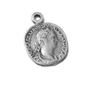 Metal pendants, 15mm, Roman coin, Severus Alexander Roman Emperor, antique silver. (SKU# MP3652/OXWH). Sold per pack of 25