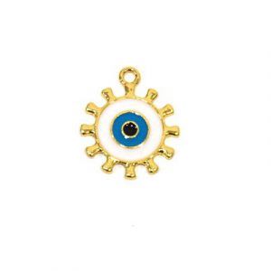 Pendentifs en metal, 21mm, breloque oeil rond, email, plaqué or. Vendu en paquet de 6. (SKU# MP4662/GL)
