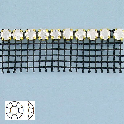 Rhinestone banding, 1-row black net 1 side crystal xt gold set flat (SKU# RBF201B1N101XG). Minimum order is 1 meter.