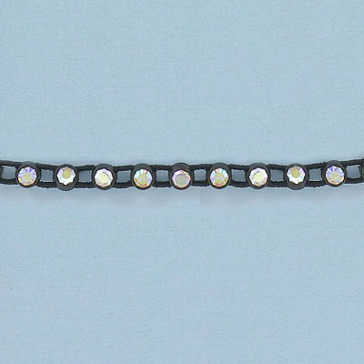Rhinestone banding, 1-row ss13 black plastic stretch banding ab/crystal (SKU# RBP131BS301). Minimum order is 1 meter.