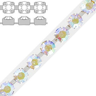 Rhinestone chain, ss29 size, ab crystal, silver plate, made in Czech Republic. (SKU# RHCZ/SS29/301S). Minimum order is 1 meter.