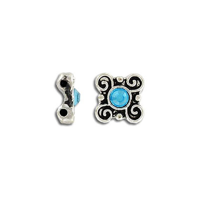 LIQUIDATION! Spacer bar, 10mm, 2 row, square, flower, with aqua stone, antique silver. (SKU# SB689/203/OXWH). Sold per pack of 100