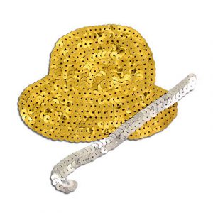 Sequin motifs, 12x11cm, 4.5"x4.5", large hat with cane, gold (SKU# SM1049/GL). Sold individually.
