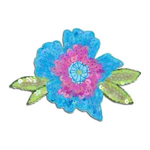 Sequin motifs, 11.5x7cm, 4.5"x3", medium flower with leaves, blue (SKU# SM3808/BL). Sold per pack of 12