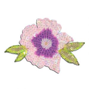 Sequin motifs, 11.5x7cm, 4.5"x3", flower with leaves, pink (SKU# SM3808/PK). Sold per pack of 12
