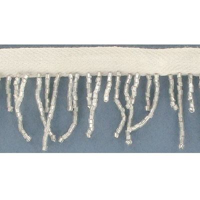 Fringe 2-cut zig-zag silver on white (SKU# SMF825W/SI). Minimum order is 1 yard.