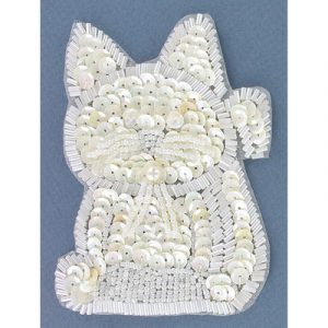Appliques en paillettes, chat assis, blanc aurore boréale, 8.5x11.5cm (3.25"x5.5"). Vendu separement. (SKU# SMGM304/WHIR)