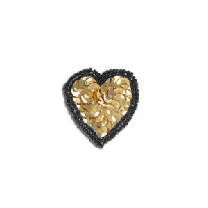 Appliques en paillettes, coeur, noir et doré, 4x4cm (1.5"x1.5"). Vendu en paquet de 6. (SKU# SMSHRT/BKGL)