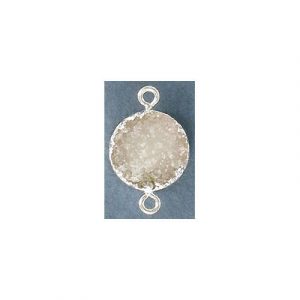 Connecteur en semi-précieux, 16mm, rond, druzy blanc, monture plaqué couleur argent. Vendu separement. (SKU# SPCN6607/SPL)