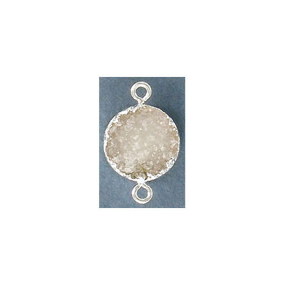 Connecteur en semi-précieux, 16mm, rond, druzy blanc, monture plaqué couleur argent. Vendu separement. (SKU# SPCN6607/SPL)